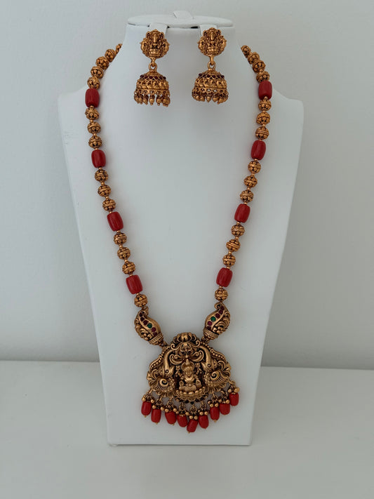 Beautiful Temple Pendant set with Orange Beads and Jhumka